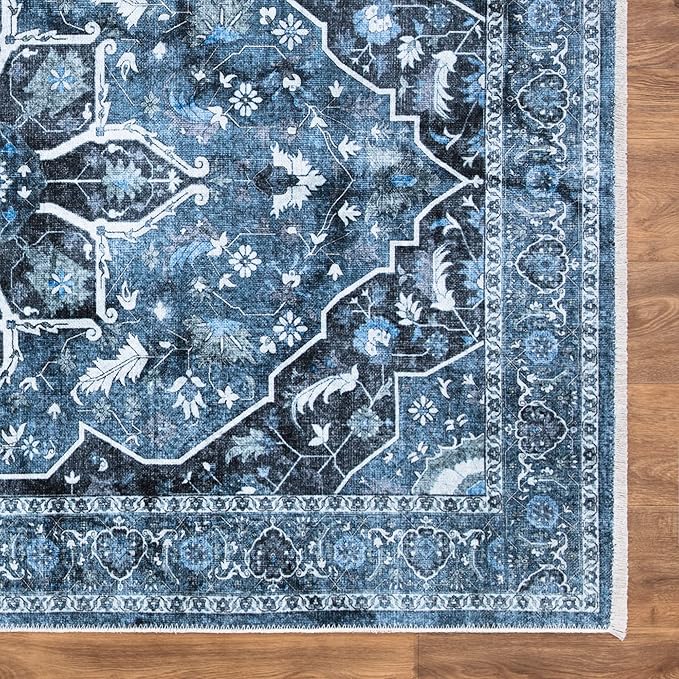 Bloom Rugs Caria Washable Non-Slip 4x6 Rug - Blue/Charcoal Traditional Area Rug for Living Room, Bedroom, Dining Room, and Kitchen - Exact Size: 4' x 6'
