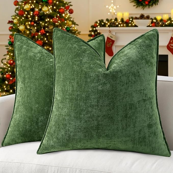 decorUhome Christmas Couch Throw Pillow Covers 22x22 Set of 2, Decorative Soft Euro Velvet Neutral Chenille Pillow Covers with Elegant Design for Sofa Bed Living Room Home Decor, Moss Green