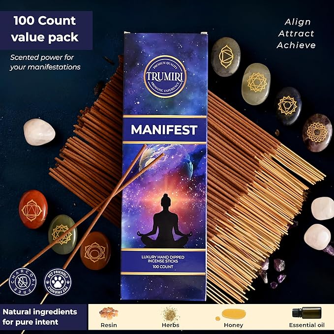 Manifest Incense Sticks - Pack of 100 Insence-Sticks - Made with Natural Raw Ingredients - Manifestation Insense Indian Spiritual Agarbatti Non Toxic Incents