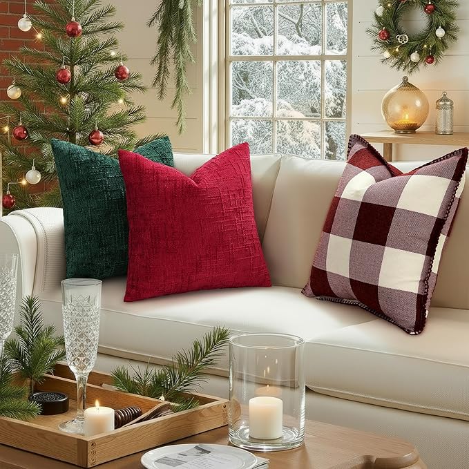 decorUhome Christmas Green Chenille Throw Pillow Covers 26x26 Set of 2 Thick Textured Slubby Couch Pillow Covers Farmhouse Accent Modern Neutral Decorative Pillow Cases for Bed Sofa Living Room