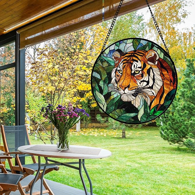 Stained Glass Window Hanging, Fierce Tiger Sun Catcher for Door Home Decor Wild Animals Suncatcher Christmas Mother's Day Birthday Gifts for Women Men Mom and Nana 7.8 in