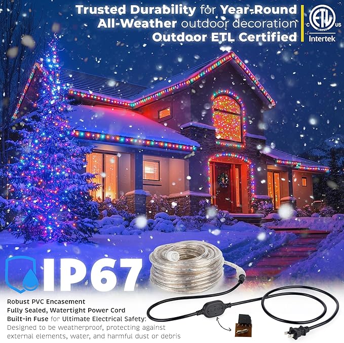 WYZworks 108LEDs, 10ft LED Outside Rope Lights, Waterproof Permanent Outdoor ETL Certified Connectable Clear Tube, Christmas Palm Tree Holiday Decorative Landscape Patio Accent Lighting - Colorful