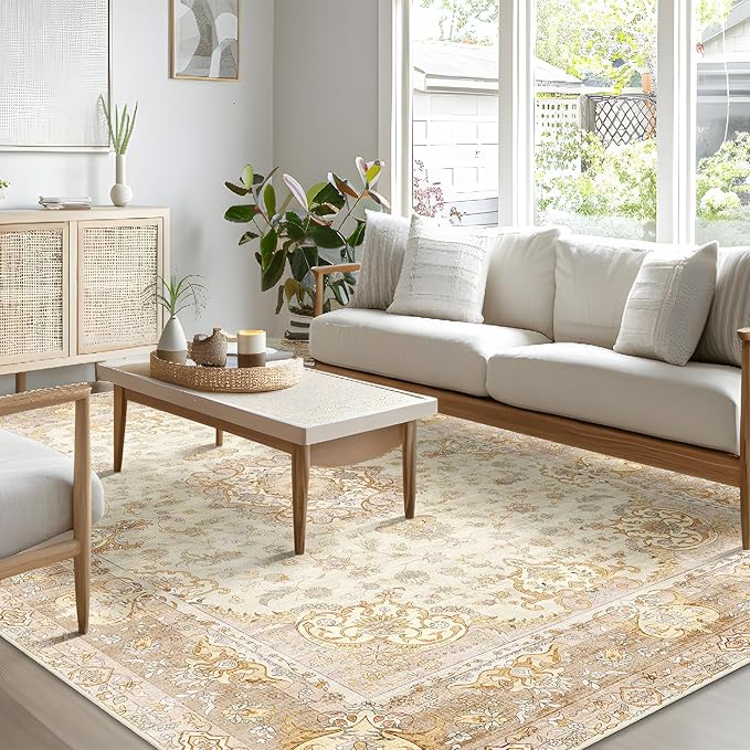 8'x10' Area Rugs Washable,Boho Rug for Living Room Bedroom Dining Room,Large Vintage Bohemian Distressed Oriental Carpet Non Slip,Beige Gold Floral