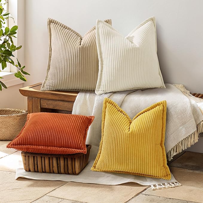 decorUhome Corduroy Mustard Yellow Throw Pillow Covers 22x22 Set of 2 Decorative Soft Boho Farmhouse Euro Couch Pillow Covers for Living Room Bed Sofa Broadside Striped Pillow Cases