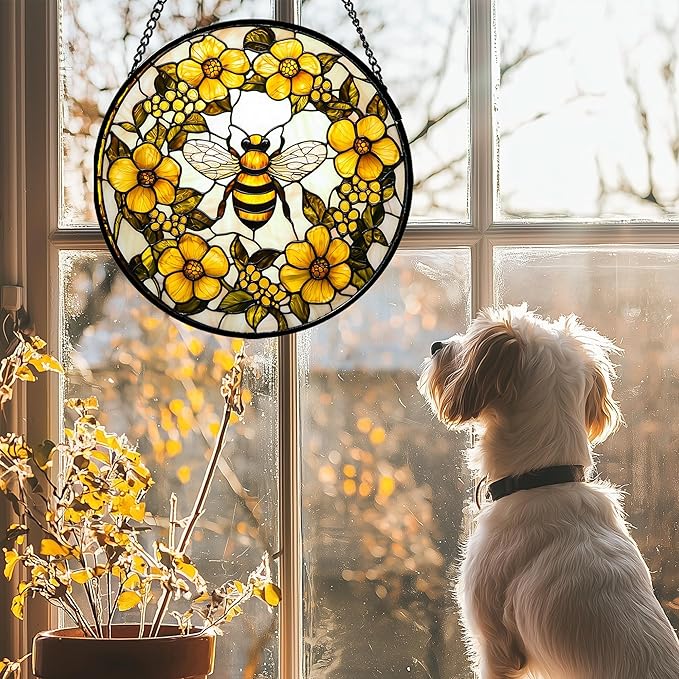 Stained Glass Window Hanging - Yellow Flowers Surrounded by Bees Sun Catcher for Door Garden Home Decor Cute Suncatcher Christmas Mother's Day Birthday Gifts for Women Men Mom Nana 9.8 in