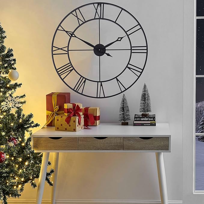 CLXEAST 30 Inch Large Wall Clock Modern, Oversized Roman Numeral Decorative Black Metal Wall Clock for Living Room Decor,House Warming Gifts New Home