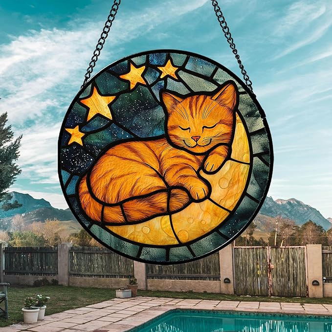 Stained Glass Window Hanging - Orange Cat Sun Catcher for Door Home Decor Stars and Moon Suncatcher Christmas Mother's Day Birthday Loss of a Pet Gifts for Women Men Mom Nana 7.8 in