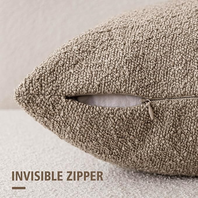 Foindtower Set of 2, Decorative Textured Boucle Throw Pillow Covers Accent Solid Pillow Cases Neutral Cozy Couch Cushion Case for Chair Sofa Bedroom Living Room Home Decor 26x26 Inch Light Khaki Tan