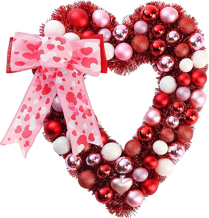 Sggvecsy 17.7’’ Heart Shaped Wreath with Bowknot Valentines Day Red Pink White Red Balls Decorations with Tinsel for Front Door Wedding Anniversary Wall Decor Gift for Girlfriend Mother’s Day