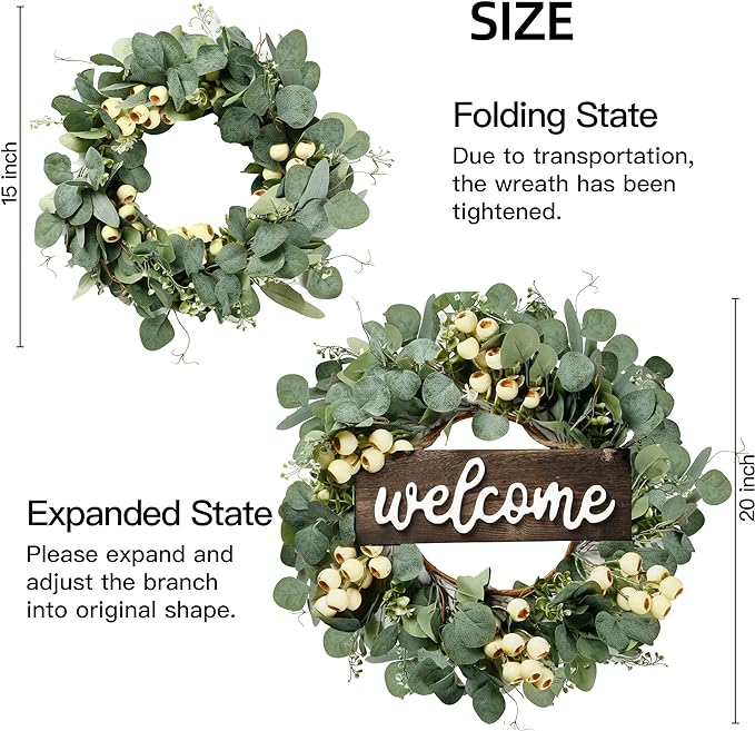 Sggvecsy Green Artificial Eucalyptus Wreath with Welcome Sign 20in Spring Summer Wreath with White Berries for Front Door Wall Window Festival Porch Farmhouse Patio Garden Decor