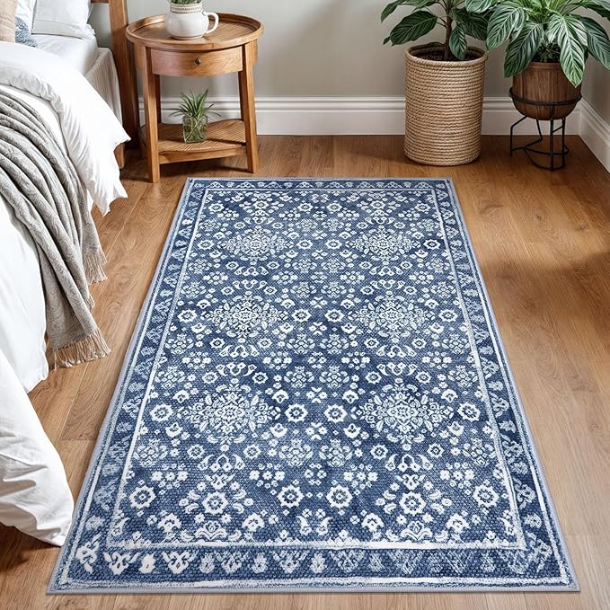 Vintage 3x5 Washable Rug for Entryway, Super Soft Denim Blue White Entryway Rug with Non-Slip, Printed Faux Wool Floral3x5 Area Rug Thin Floor Carpet for Kitchen, Bedroom, Living Room