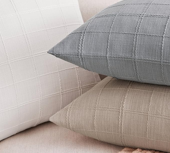 ZeeMart Linen Checked Throw Pillow Covers Set of 2, 20x20 Inch Allover Grid Ivory, Farmhouse Decorative Double Sided Grid Embroidered Couch Pillow Cases Off White Cotton Linen Cushion Covers