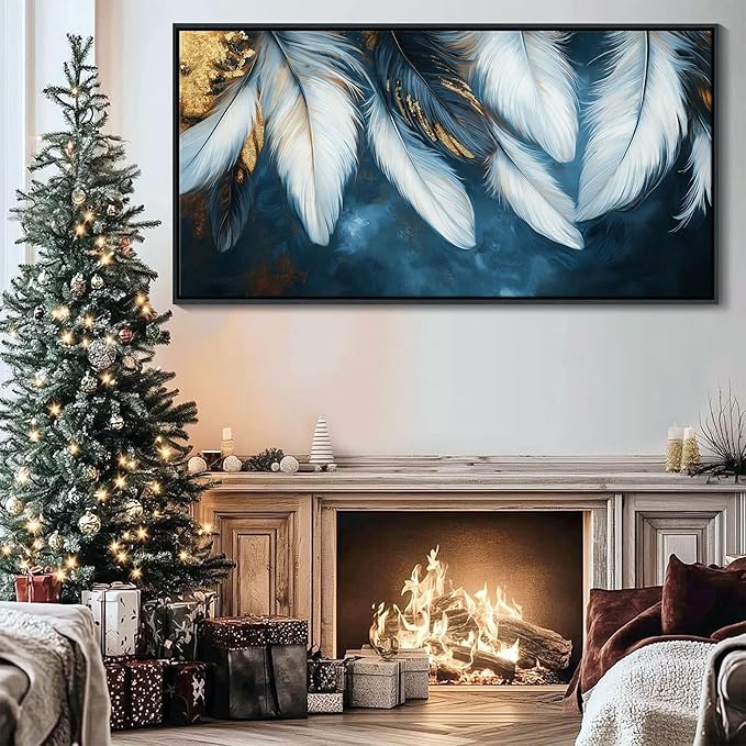 Mofutinpo Blue and Gold Wall Art Framed Navy Blue Decor for Living Room Feather Canvas Art Wall Pictures, Blue Bedroom Wall Decor Above Bed Pictures Wall Decor, Painting - Artwork for Walls 24×48IN