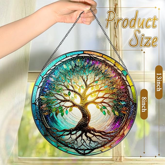 Stained Glass Window Hanging, LAOWEIKI 8'' Tree of Life Suncatcher, Stained Glass Ornament, Suncatchers for Windows Hanging, Window Decor, Outdoor or Indoor, Gifts for Mom, Grandma, Wife, Family