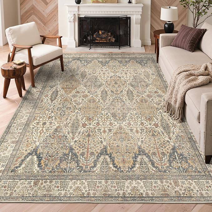 GENIMO 6x9 Area Rugs for Living Room, Machine Washable Low Pile Rugs, Chenille Non Alip Vintage Rug for Bedroom, Dining Room, Home Office, Beige Khaki