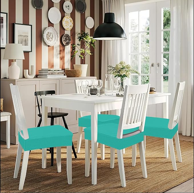 Smiry Stretch Jacquard Seat Covers for Dining Room Chairs Set of 2, Removable Washable Chair Seat Protector Slipcovers, No Rear Covers, Teal
