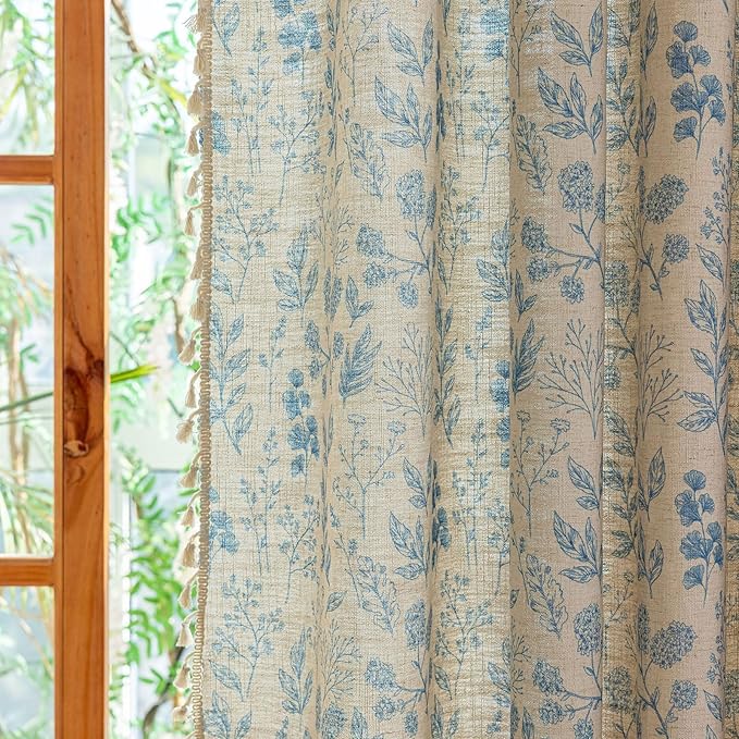 OYX French Beige and Blue Floral Curtains 96 Inch Long 2 Panels for Living Room, Navy Flower Patterned Light Filtering Farmhouse Drapes for Bedroom, Vintage Rustic Country Rod Pocket WindowTreatments