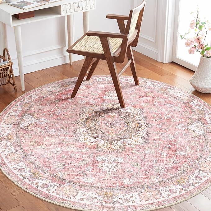 Pink Round Rug 4ft, Circle Washable Area Rugs for Bedroom Bathroom Entryway Kitchen, Small Boho Vintage Bohemian Distressed Oriental Floral Carpet Non Slip,Blush Floral Flowers
