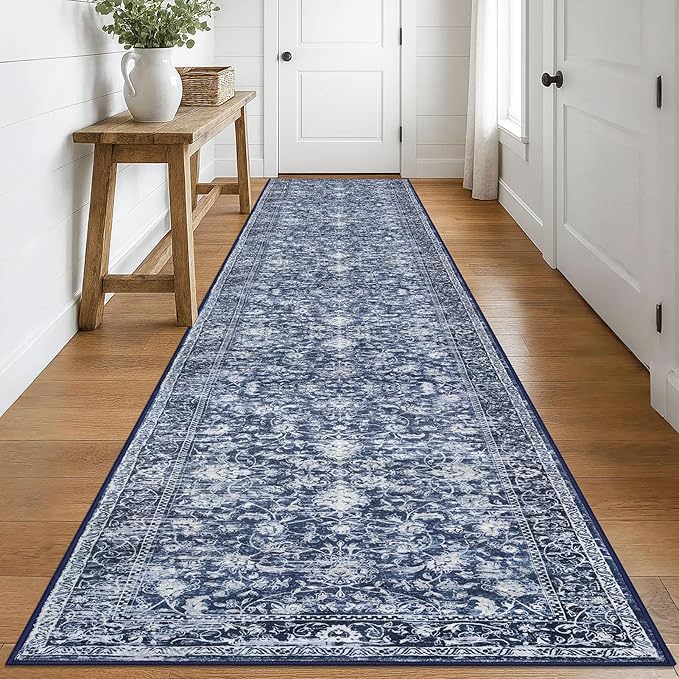 KILOCOCO Runner for Hallway 3x16 Runner Rug Printed Vintage Floral Washable Rug Kitchen Runners Soft Non-Slip Low Pile Hallway Runners Laundry Room Distressed Boho Rugs, Blue