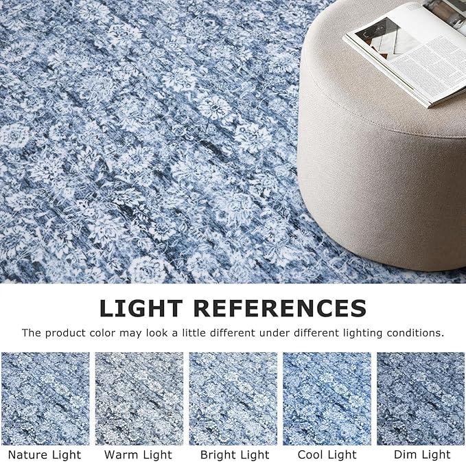 3x5 Washable Area Rug for Entrance, Blue Soft Distressed Floral Rug with Non-Slip, Low-Pile Vintage Area Rugs for Office Entryway Bedroom, Non-Shedding Carpet for Boys Dorm