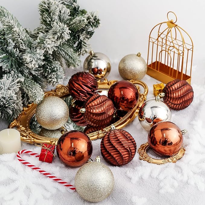 XmasExp 16ct Christmas Balls Ornaments - Shatterproof Large Hanging Ball Decorative Xmas Balls for Holiday Wedding Party Xmas Tree Decoration(3.15"/80mm, Brown and Champagne)