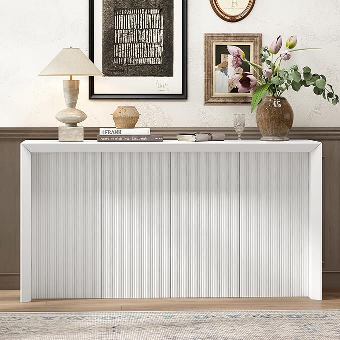 Minimalist 60'' Long Console Table Sofa Table, Unique Versatile Acacia Wood Accent Entryway Table for Hallway Living Room Study Foyer Corridor, Wave Finish Design (Beige-N6)