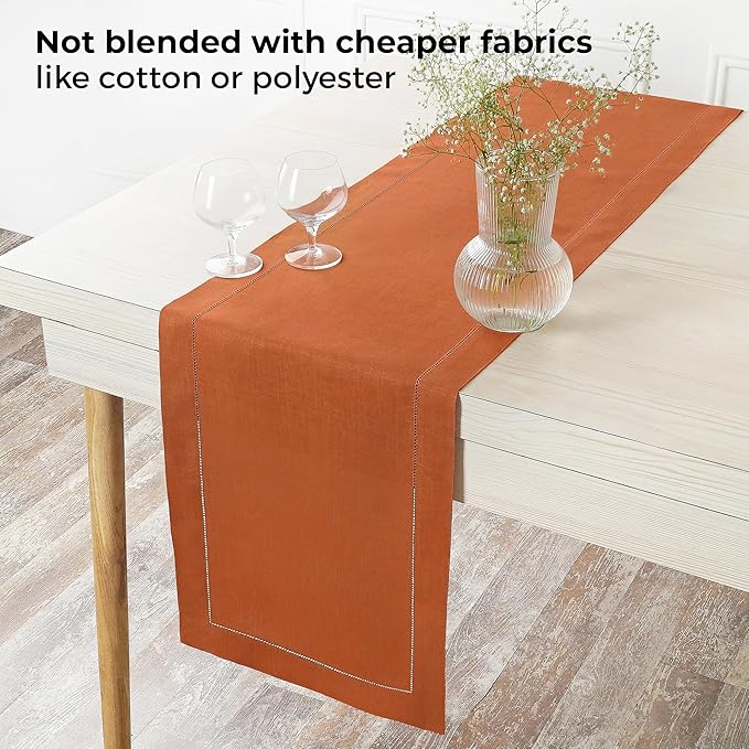 D'Moksha Homes Linen Rust Table Runner 36 Inches - 100% Pure Linen Small Table Runner 14 x 36 Inch Ideal for Dresser, Coffee Tables, Spring, Easter - Classic Hemstitch