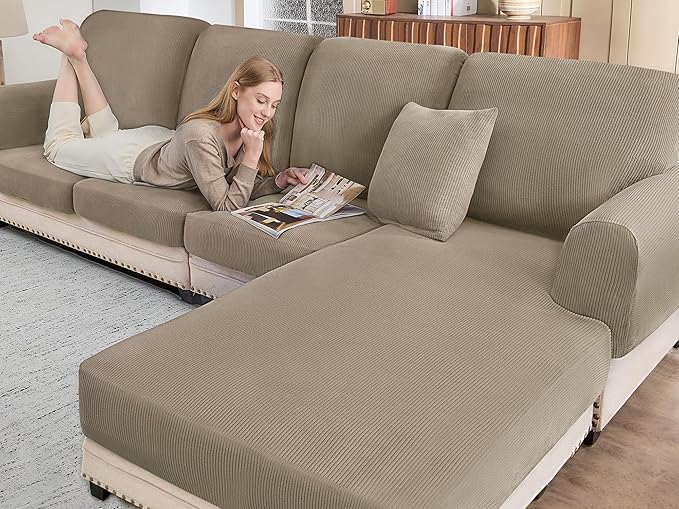 Sectional Couch Covers for Sofa Cushion L Shaped Couch Cover Washable Soft Couch Cushion Covers Stretch Sofa Slipcovers(2-Piece for Sofa Armrest Cover, Khaki)