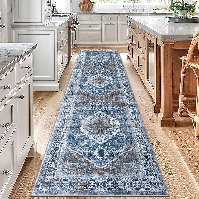 KOZYFLY Long Runners for Hallways 2.6x10 Ft Washable Kitchen Runner Rug Boho Runner Rug for Entryway Indoor Blue Printed Oriental Faux Wool Stair Runner Floor Carpet Runner for Stair Kitchen Hall