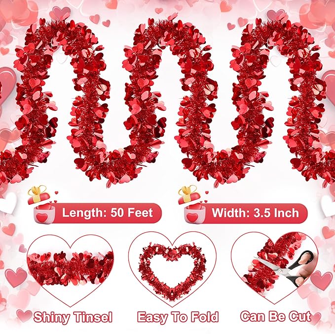 Valentines Day Garland Decor 50FT Red Heart Tinsel Garland Metallic Hanging Garlands Glitter Streamers Valentines Day Decorations for Home Mantel Table Indoor Outdoor Galentines Party Romantic Decor