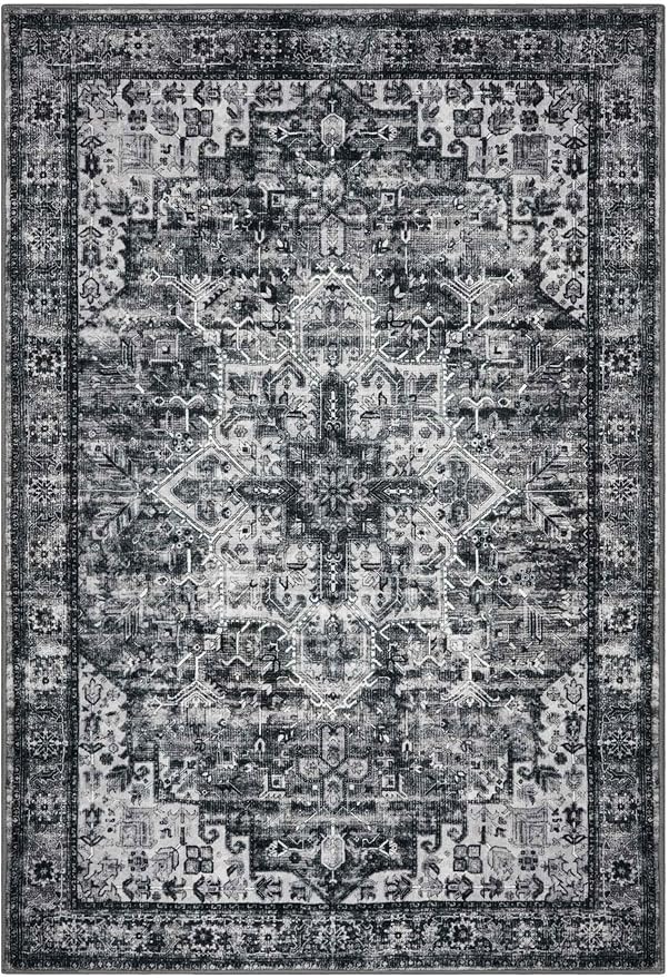 2x3 Washable Rug for Entryway, Moss Charcoal Soft Traditional Printed Area Rug with Non-Slip Kitchen Rugs, Low-Pile Medallion Indoor Door Mat, Small Carpet for Entrance Kitchen Foyer