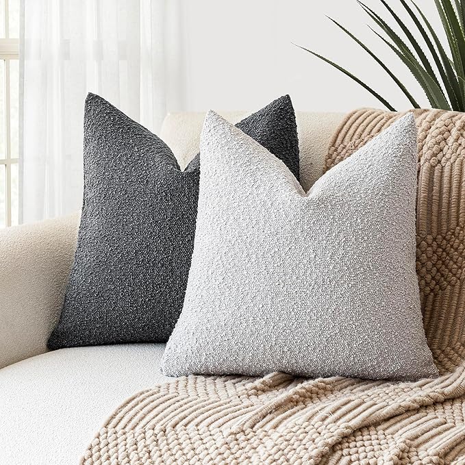 Foindtower Set of 2, Decorative Textured Boucle Throw Pillow Covers Accent Solid Pillow Cases Neutral Soft Cozy Couch Cushion Case for Chair Sofa Bedroom Living Room Home Decor 16 x 16 Inch Light Grey