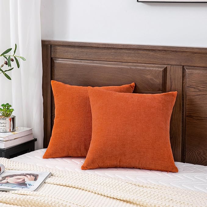 GAWAMAY Decorative Chenille Throw Pillow Covers 24x24 Inch Pack of 2, Soft Square Couch Pillow Cover for Sofa Cushion Living Room Bedroom Solid Dyed Pillowcases Burnt Orange 60x60cm (ONLY Covers)