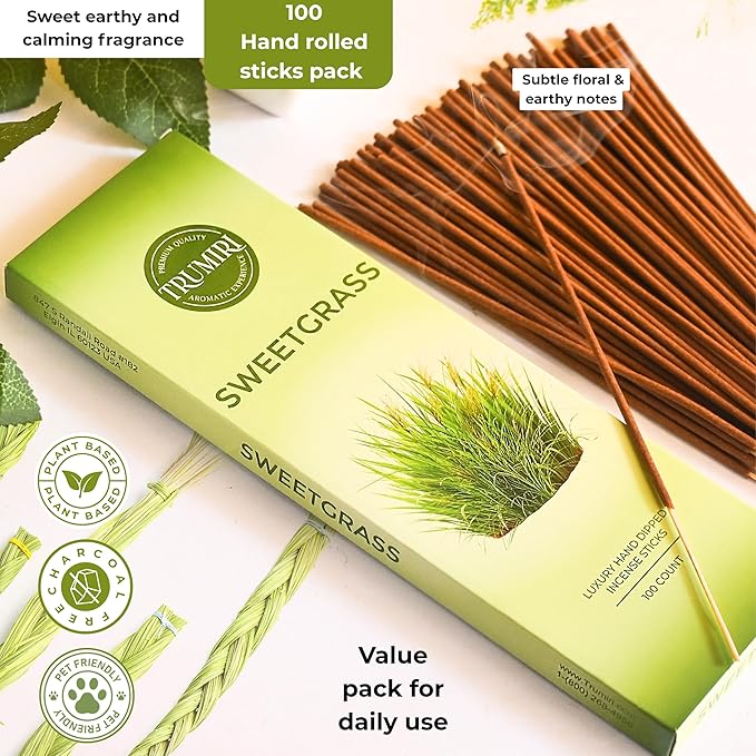 Sweetgrass Incense Sticks - Pack of 100 Inscents-Sticks - Made with Non Toxic Insence Ingredients - Scented Incienso Spiritual Insense Natural Agarbatti Incents