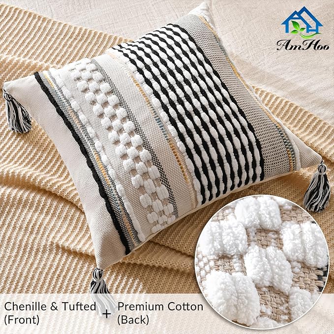 AmHoo Chenille Striped Textured Boho Throw Pillow Covers Aesthetic with Tassels Woven Decorative Pillow Case for Couch Bed Sofa Bedroom Modern Funky 18 x 18-Inch Black