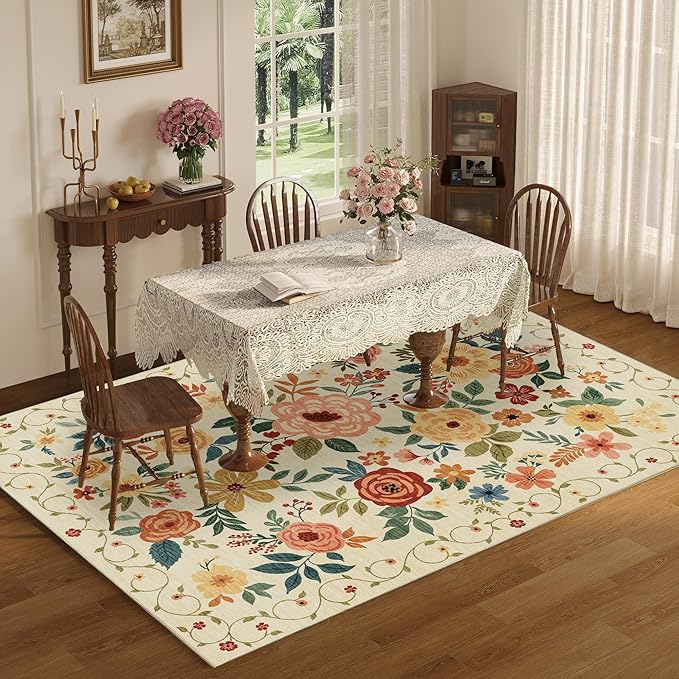 DUKINO 8x10 Area Rug, Floral Rugs for Living Room, Lightweight Non Slip Washable Rug, Indoor Low Pile & Non-Shedding Boho Design Rugs for Bedroom, Living Room, Dining Room, Beige Yellow