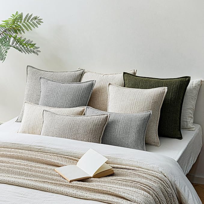 a moment Linen Pillow Covers Set of 2,Boho Farmhouse Throw Pillowcases Neutral Textured Decorative Covers for Couch Sofa,Soft Linen Blend Accent Case Cushion Living Room Home Decor 22"x22"Sky Gray