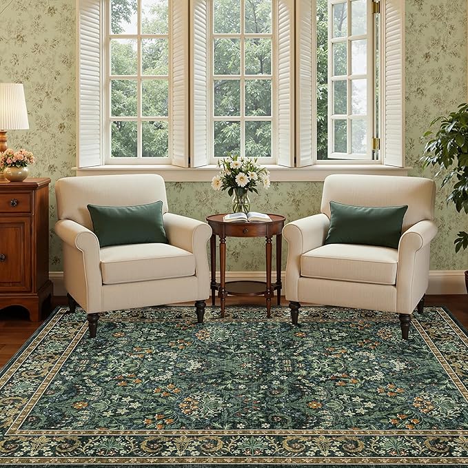 Woaboy Washable 8x10 Area Rug for Living Room Bedroom Dining Room Under Kitchen Table,Non-Slip Low Pile Stain Resistant Soft Large Carpet for Vintage Floral Oriental Home Decor Green Gold