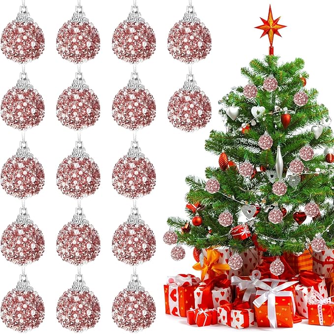 Liliful 48 Pcs 1.18 Inch Mini Christmas Ball Ornaments Christmas Tree Ornament Glitter Sequin Foam Ball Ornaments Xmas Hanging Decoration for New Year Holiday Wedding(Rose Gold)