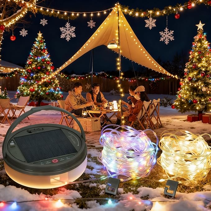 Solar Camping Lights 130LEDs,33 FT Fairy Lightswith 13 Lighting,Portable Waterproof 4 in1 Camping Lantern,Retractable Christmas Twinkle Lights Design & Hooks for Outdoor Garden Party Essentials