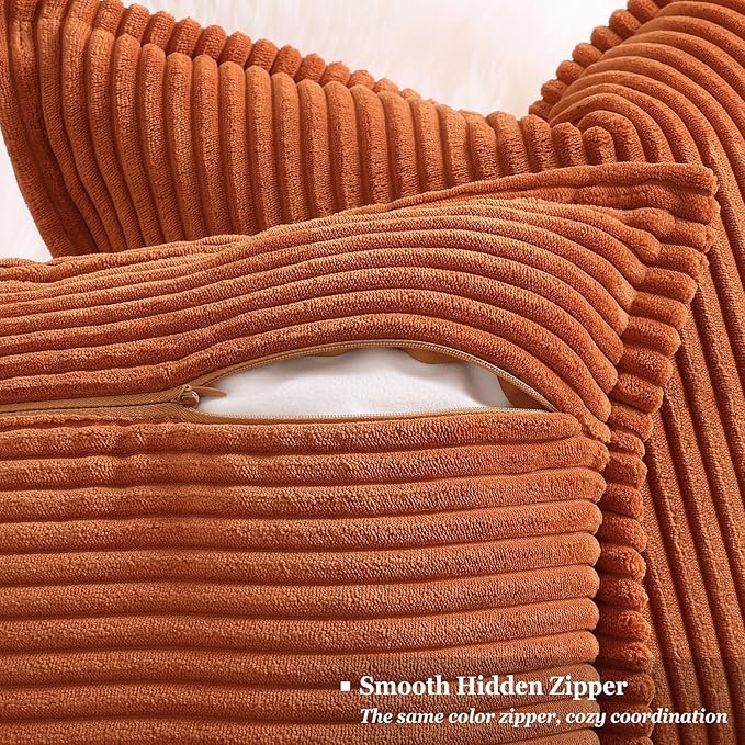 decorUhome Fall Corduroy Rust Throw Pillow Covers 18x18 Set of 2 Decorative Soft Boho Farmhouse Euro Couch Pillow Covers for Living Room Bed Sofa Broadside Striped Pillow Cases