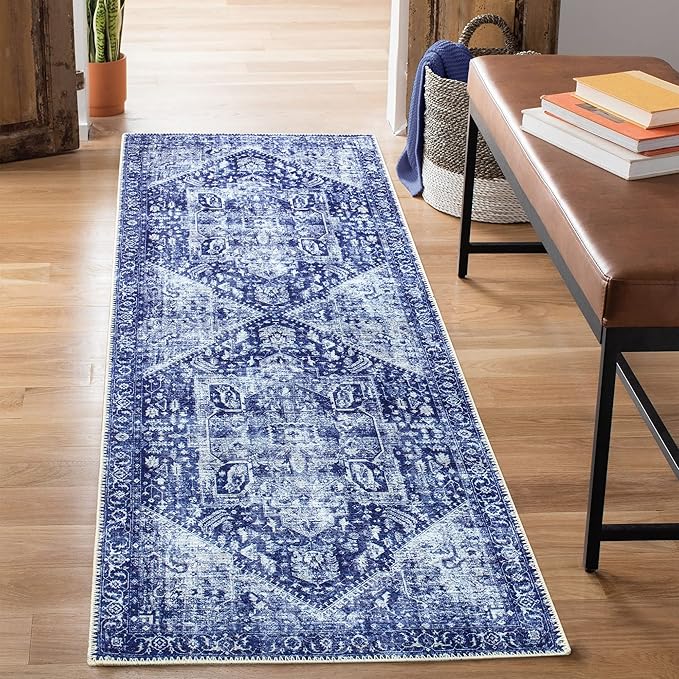 Bloom Rugs Washable Non-Slip 12 ft Runner - Blue/Ivory Traditional Runner for Entryway, Hallway, Bathroom, and Kitchen - Exact Size: 2.5' x 12'