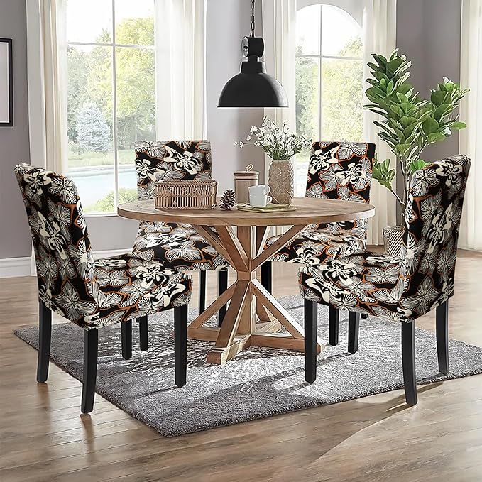 Sufdari Dining Chair Covers,Kitchen Chair Cover,Parsons Chair Slipcover,Spandex Chair Protectors for Dining Room Stretch Chairs Cover Set of 6 -Black Cream Floral