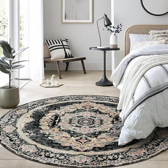 Black Round Rug 5ft, Circle Boho Area Rugs for Bedroom Living Room,Washable Vintage Bohemian Distressed Oriental Carpet Non Slip,Floral