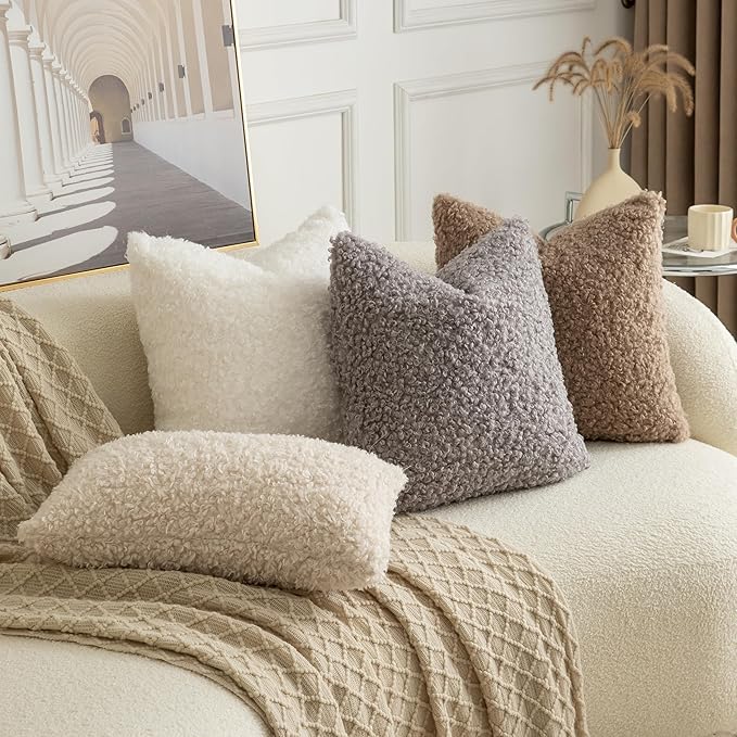 Pack of 2 Curly Teddy Wool Faux Fur Throw Pillow Covers Fuzzy Accent Soft Sherpa Pillowcases Sheepskin Fleece Decorative Cushion Case for Sofa Couch Living Room 18x18 Inch Light Grey