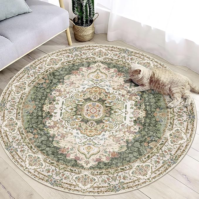 Green Round Rug 4ft,Circle Washable Area Rugs for Bedroom Bathroom Entryway,Boho Vintage Bohemian Distressed Oriental Carpet Non Slip,Sage Floral