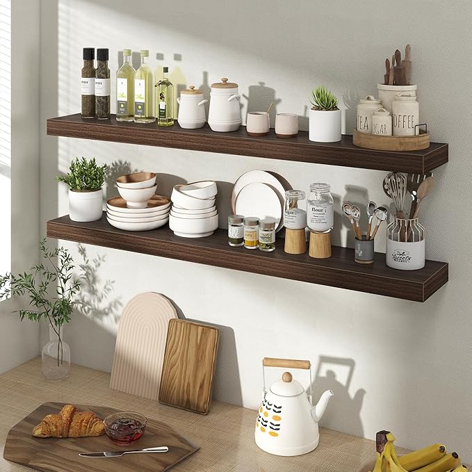 40 Inch Floating Shelves for Wall 2 Pack, 40" Wall Shelves for Books, Storage, Decor, Wall Mounted Floating Shelf with Invisible Brackets for Kitchen, Living Room, Walnut