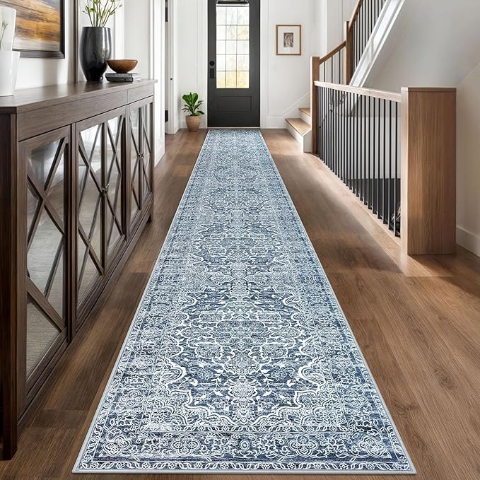 KUTA Extra Long Runners for Hallways 2.6x18ft Non-Slip Washable, Blue White Vintage Kitchen Rug, Stair Runners Indoor Ultra Soft Printed Floral Medallion Carpet for Bedroom Living Room Nursery