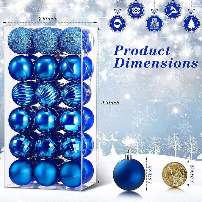 36 Pieces Christmas Ball Ornaments Shatterproof Christmas Decorations Tree Balls for Tree Ornaments Holiday Wedding Party Decoration Hooks 1.57 Inch (Royal Blue)