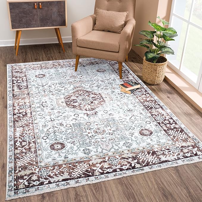 Bloom Rugs Washable Non-Slip 2x3 Rug - Beige/Brown Traditional Oriental Area Rug for Living Room, Bedroom, Dining Room, and Kitchen - Exact Size: 2' x 3'